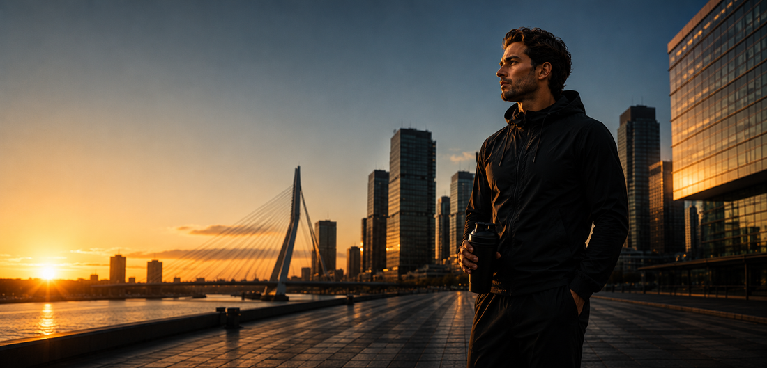 Professional bereidt zich voor op een vroege ploegendienst met aandacht voor hydratatie.